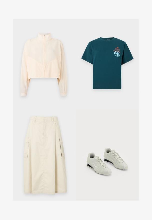 Hellbeige Reißverschlussjacke mit hohem Kragen, langen Ärmeln und elastischen Bündchen, präsentiert vor einem schlichten hellen Hintergrund.; Dunkeltürkisfarbenes T-Shirt mit kurzen Ärmeln, mit dem Schriftzug „NYC City park tour“ und einem blauen Blumenmotiv auf der linken Brust.; Beige, knielanger Rock aus Baumwolle. Verfügt über zwei seitliche Cargo-Taschen und eine vordere Falte, mit einem Bund und einem versteckten Reißverschluss.; Weiße Nike-Sneaker mit einer strukturierten Oberseite, ausgestattet mit einer glatten Zehenkappe und schwarzen Polsterakzenten. Schnürstil mit verstärktem Absatz.