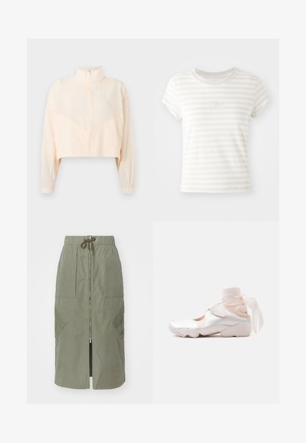 Lichtbeige jas met rits, hoge kraag, lange mouwen en elastische manchetten, getoond tegen een effen lichte achtergrond.; Witte gestreepte t-shirt met korte mouwen, gemaakt van zachte katoen. Heeft een ronde hals en een klein geborduurd Nike-logo op de borst.; Olijfgroene midi-skirt gemaakt van lichte stof, met een voorkantoor, een elastische tailleband en grote zijzakken met schuine kleppen.; Witte en lichtroze sneaker met zachte stoffen enkelwikkeling gestrikt in een strik, met verstelbare riem en afgeronde zool.
