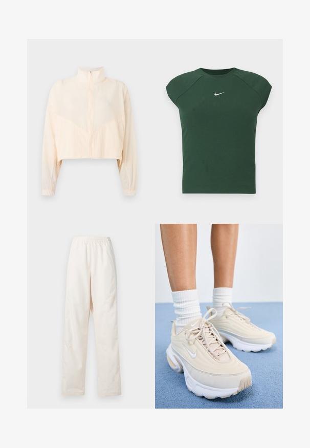 Lysebeige jakke med lynlås, høj krave, lange ærmer og elastiske manchetter, vist på en ensartet lys baggrund.; Mørkegrøn ribbet kortærmet atletisk top med rund hals, der har et lille hvidt Nike swoosh-logo på brystet.; Løse, cremefarvede bukser med elastisk talje og lige ben, vist mod en ensfarvet hvid baggrund.; Beige sportsko med en struktureret overdel, hvide snørebånd og en tyk hvid sål. Designet har subtile kurver og et lille logo.