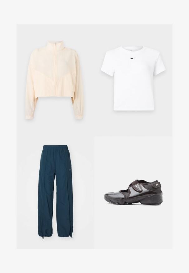 Vaaleabeige vetoketjullinen takki korkealla kauluksella, pitkillä hihoilla ja joustavilla resoreilla, esillä tasaisella vaalealla taustalla.; Valkoinen lyhythihainen Nikein lyhyt T-paita, jossa on pieni musta Nike Swoosh -logo keskitettynä kaula-aukon alapuolelle.; Tummansininen Nike-housut, joissa on rento istuvuus, joustava vyötärö ja naruvarret. Sivulla on hienovarainen logotyyli.; Tummanruskea urheilukenkä kiiltäväpintaisena, tarrakiinnityksellä, pyöreäkärkisenä ja kuvioidulla pohjalla, jossa on iskunvaimennuselementtejä.