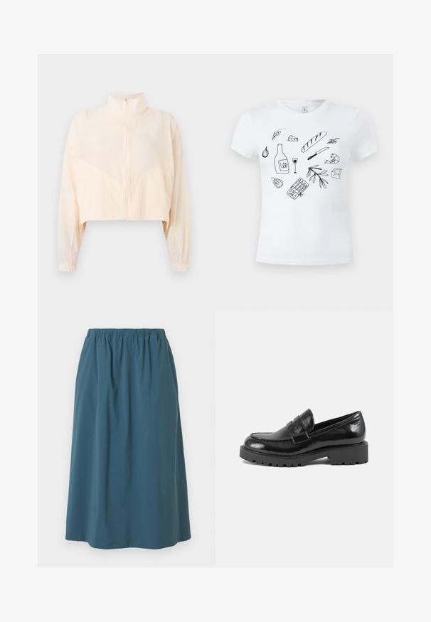 Chaqueta beige claro con cremallera, cuello alto, mangas largas y puños elásticos, mostrada sobre un fondo claro y liso.; Camiseta blanca con dibujos en línea negra de alimentos que incluyen pan, queso, botella y copa de vino, camarones, ajo, aceitunas y un cuchillo.; Falda azul hasta la rodilla con cinturilla elástica, tejido suave y ligeros fruncidos cerca de la parte superior, mostrada sobre un fondo blanco.; Mocasin de charol negro con punta estructurada, tira decorativa en el empeine y suela gruesa y robusta. Acabado suave y brillante.
