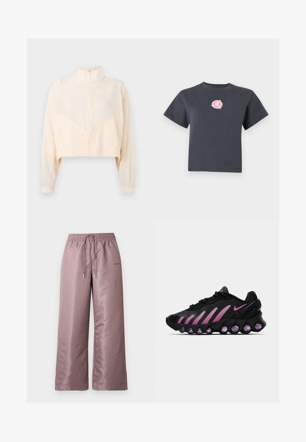 Lysebeige jakke med lynlås, høj krave, lange ærmer og elastiske manchetter, vist på en ensartet lys baggrund.; Mørkegrå kortærmet croppet t-shirt med en lille rund lyserød og hvid logo med en silhuet af en person i bevægelse på brystet.; Lyserøde bukser med vide ben lavet af glat nylon. Har elastisk talje med snøre og branding på siden.; Sorte og lyserøde Nike sneakers med en mesh-overdel, buet design og rund lilla dæmpning i sålen og på siderne.