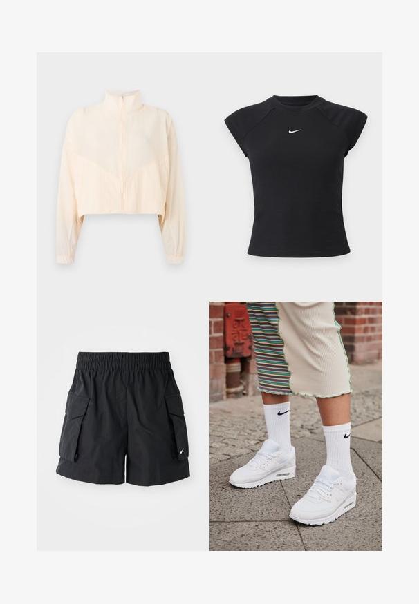 Lysebeige jakke med lynlås, høj krave, lange ærmer og elastiske manchetter, vist på en ensartet lys baggrund.; Sort top med korte ærmer i ribbet tekstur, med rund halsudskæring og lille hvid Nike-logo på brystet.; Sorte cargo shorts lavet af let stof, med en elastisk talje, to sidelommer og et lille hvidt logo på kanten.; Hvide Nike Air Max 90 sneakers med mesh og læderoverdel, der har en synlig luftenhed, parret med hvide ribbede sokker med sort logo.