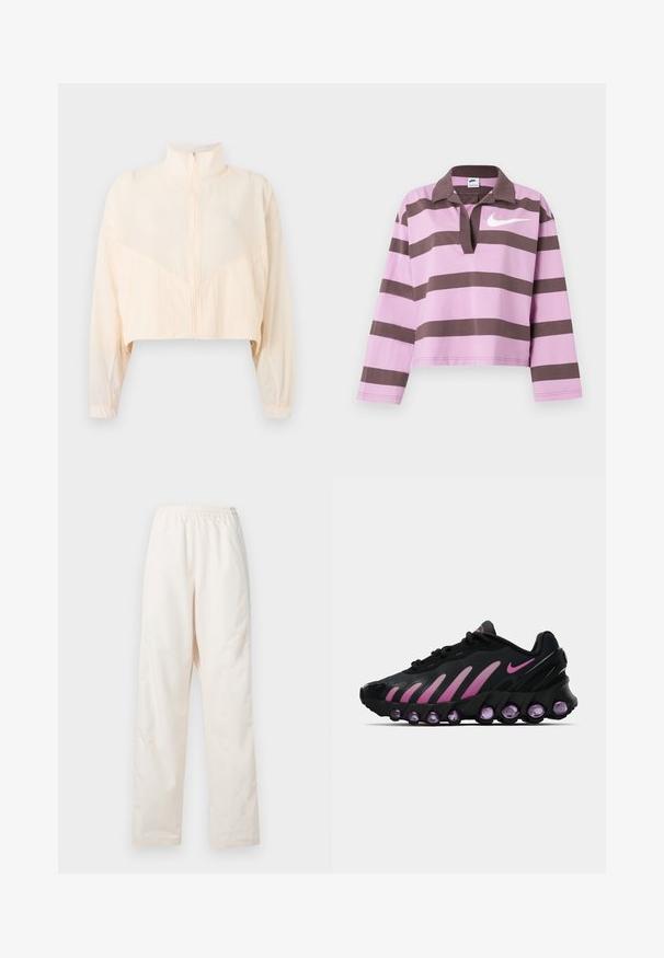 Hellbeige Reißverschlussjacke mit hohem Kragen, langen Ärmeln und elastischen Bündchen, präsentiert vor einem schlichten hellen Hintergrund.; Langärmliges Rugbyhemd mit lavendelfarbenen und dunkelbraunen horizontalen Streifen, offenem Kragen und weißem Nike-Logo auf der Brust.; Locker sitzende, crèmefarbene Hose mit elastischem Bund und geradem Beinschnitt, vor einem einfarbigen weißen Hintergrund präsentiert.; Schwarze und rosa Nike-Sneaker mit einem Mesh-Obermaterial, geschwungenem Design und abgerundeten lila Dämpfungselementen an Sohle und Seiten.