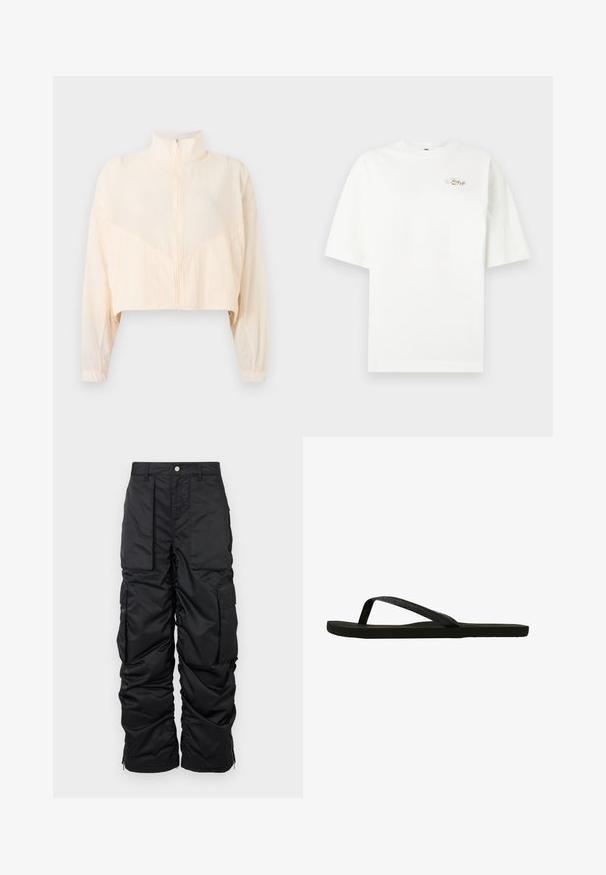 Veste zippée beige clair avec col montant, manches longues et poignets élastiques, présentée sur un fond clair uni.; T-shirt blanc surdimensionné à manches courtes avec un petit logo doré "Just Do It" sur le haut à gauche de la poitrine, sur fond uni.; Pantalons cargo isolés noirs à texture lisse, dotés de plusieurs poches, d'un ourlet zippé et d'une fermeture à bouton à la taille.; Tong noir avec une lanière texturée et une semelle plate. La lanière présente une légère brillance. Design simple, léger et forme flexible.