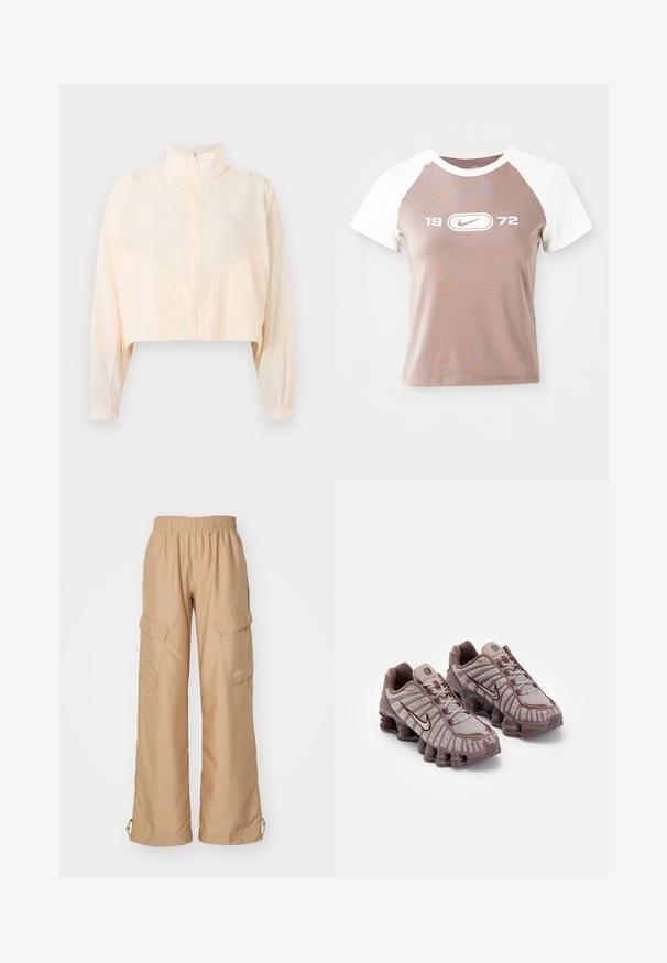 Lichtbeige jas met rits, hoge kraag, lange mouwen en elastische manchetten, getoond tegen een effen lichte achtergrond.; Korte mouwen t-shirt met een lichtbruine body en witte raglanmouwen, met een groot wit grafisch logo en het jaar "1972" gecentreerd op de voorkant.; Nike Sportswear TREND - Cargobroek - hemp; Nike Sportswear SHOX TL - Sneakers laag - pumice/night maroon/plum eclipse