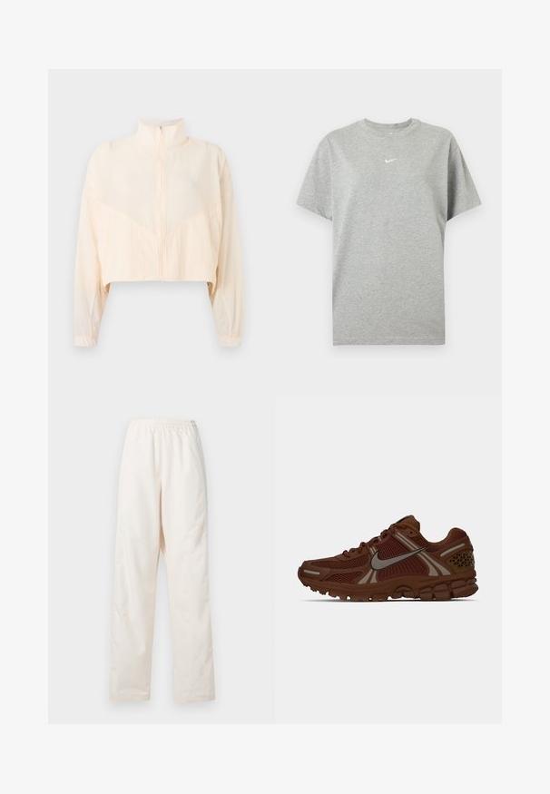 Lysebeige jakke med lynlås, høj krave, lange ærmer og elastiske manchetter, vist på en ensartet lys baggrund.; Grå kortærmet bomuld T-shirt med rund hals og lille hvid Nike swoosh logo centreret på brystet.; Løse, cremefarvede bukser med elastisk talje og lige ben, vist mod en ensfarvet hvid baggrund.; Brun Nike løbesko med mesh-paneler, gummisål og reflekterende swoosh-logo på siden, vist i højre profil.