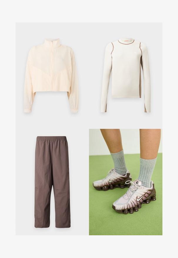 Hellbeige Reißverschlussjacke mit hohem Kragen, langen Ärmeln und elastischen Bündchen, präsentiert vor einem schlichten hellen Hintergrund.; Langärmliges hellbeiges Oberteil mit einem figurnahen Design, gerippter Textur, kontrastierendem braunen Nähten und einem kleinen weißen Dreieckslogo auf der Brust.; Braune, leichte Hosen mit elastischem Bund, verkürzter Länge und geknöpften Bündchen. Glatte Textur mit minimalen Designelementen.; Nike Sneaker in Hellrosa und Braun mit einer strukturierten Oberseite, geschichtetem Design und dämpfender Außensohle mit sichtbaren Air-Elementen.