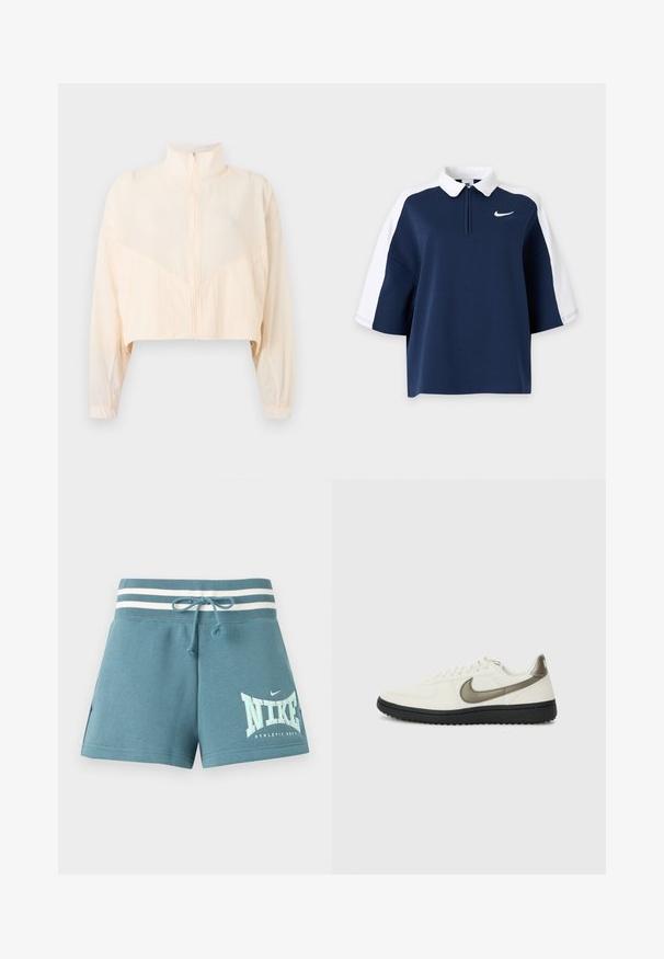 Lysebeige jakke med lynlås, høj krave, lange ærmer og elastiske manchetter, vist på en ensartet lys baggrund.; Navyblå og hvide kortærmede polo med hvid krave, halv lynlås foran og lille Nike-logo på venstre bryst.; Blå atletikshorts med hvid stribet elastik i taljen, snor og Nike-logo på venstre ben.; Nike Sportswear FIELD GENERAL - Sneakers - off-white/black