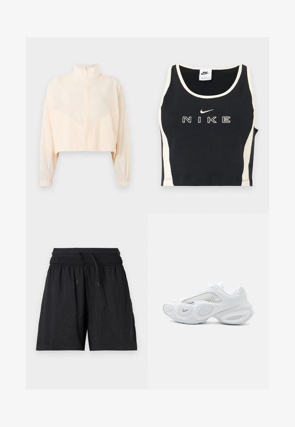 Veste zippée beige clair avec col montant, manches longues et poignets élastiques, présentée sur un fond clair uni.; Haut court noir sans manches avec bordures blanches et panneaux latéraux, présentant un texte Nike blanc et le logo swoosh centré sur le devant.; Short de sport noir texturé avec taille élastique, cordon ajustable et poches latérales, présenté sur un fond blanc.; Baskets de sport blanches avec panneaux en mesh, semelle arrondie et petit logo Nike près des orteils sur un fond clair uni.