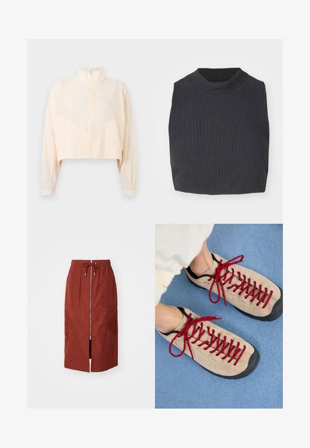 Veste zippée beige clair avec col montant, manches longues et poignets élastiques, présentée sur un fond clair uni.; Top court en côtes de couleur bleu marine foncé, avec un col montant et un logo Nike discret. Le tissu a une apparence texturée et extensible.; Jupe mi-longue en rouge terre cuite, avec une fermeture éclair à l'avant, une taille élastique avec cordon de serrage et des poches latérales avec un design géométrique.; Des chaussures beiges avec des lacets rouges, posées sur une surface bleue texturée, révèlent partiellement la cheville d'une personne. Les chaussures ont un design sportif.