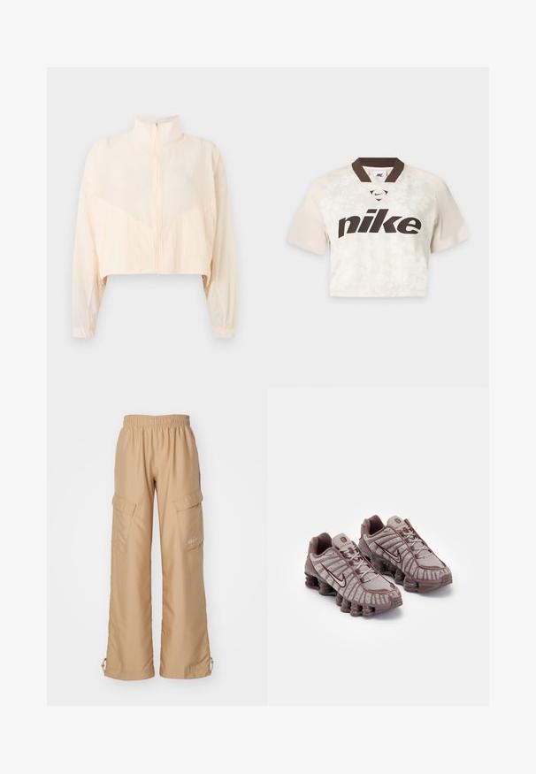 Hellbeige Reißverschlussjacke mit hohem Kragen, langen Ärmeln und elastischen Bündchen, präsentiert vor einem schlichten hellen Hintergrund.; Kurzärmeliges, kurzes Nike-Sportshirt in Beige mit dunkelbraunem Kragen und großem Nike-Logo auf der Vorderseite.; Nike Sportswear TREND - Cargohose - hemp; Nike Sportswear SHOX TL - Sneaker low - pumice/night maroon/plum eclipse