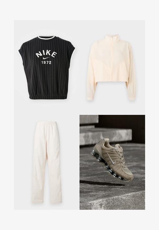 Helebeež toonitud beež tõmblukuga jope kõrge krae, pikad varrukad ja elastsed mansetid, esitatud ühtlasel heledal taustal.; Must mustärane lühikeste varrukatega crop-sweater, millel on vertikaalsed triibud, valge äär ja esiküljel brodeeritud "NIKE 1972" logo. Elastne ääre detail.; Löödilt istuvad, elastse vöökohaga kreemivärvi püksid sirge sääre lõikega, esitletud tavalise valge tausta ees.; Beežid Nike jooksujalatsid hõbedaste detailide ja kevadise tallaga, õhus betoonist treppide kohal summutatud valguses.