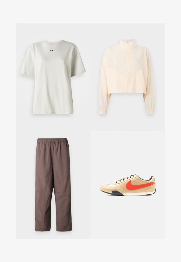 Lichtbeige jas met rits, hoge kraag, lange mouwen en elastische manchetten, getoond tegen een effen lichte achtergrond.; Witte katoenen t-shirt met een ronde halslijn en korte mouwen. Heeft een klein zwart Nike-logo op de borst. Eenvoudig en onopgesmukt ontwerp.; Bruine, lichtgewicht broek met een elastische tailleband, cropped lengte en manchetten met knopen. Gladde textuur met minimale ontwerpdetails.; Beige leren sneaker met zwarte veters, rode Nike-swoosh aan de zijkant en zwart-witte zool, gezien vanaf de buitenzijde.