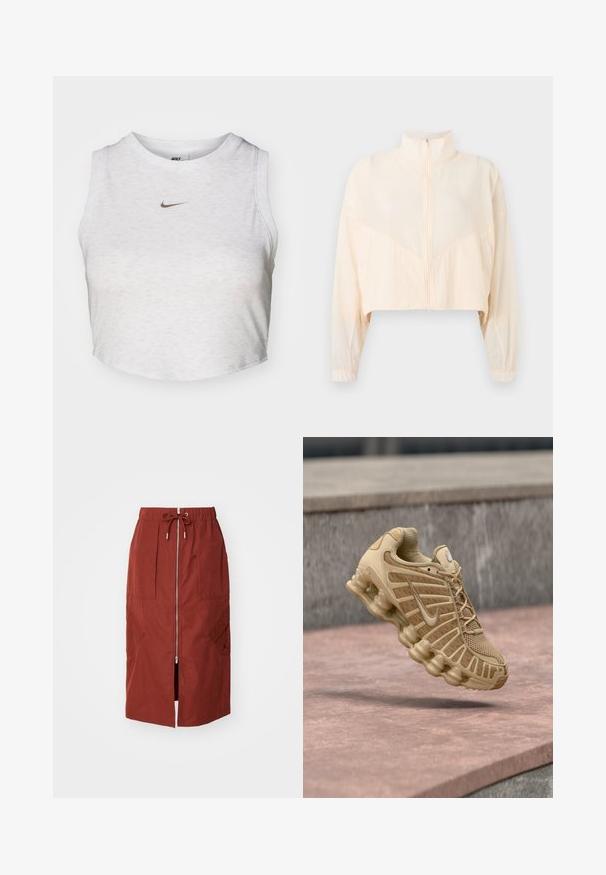 Svetločižová bunda so zipsom, vysokým golierom, dlhými rukávmi a elastickými manžetami, zobrazená na jednoduchom svetlom pozadí.; Biely crop top vyrobený z jemnej, textúrovanej látky. Má okrúhly výstrih a bezrukávový dizajn so malým zlatým logom Nike na prednej strane.; Sukňa strednej dĺžky v terakotovo červenej farbe, s predným zipsom, elastickým pásom so šnúrkou a bočnými vreckami s geometrickým dizajnom.; Bežová športová obuv s vrchnou časťou z sieťoviny a štruktúrovanou podporou, vybavená polstrovanou podrážkou s viditeľnými vzduchovými jednotkami a textúrovanými detailmi.
