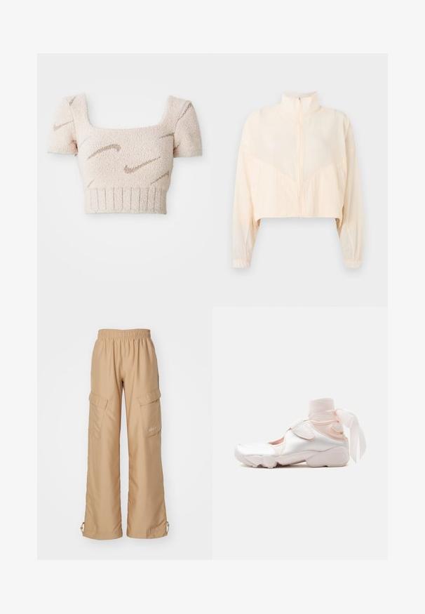 Lichtbeige jas met rits, hoge kraag, lange mouwen en elastische manchetten, getoond tegen een effen lichte achtergrond.; Korte mouwen, cropped top in zachte, gestructureerde stof. Lichtroze kleur met bruine, golfachtige patronen. Vierkante halslijn en ribbelzoom.; Nike Sportswear TREND - Cargobroek - hemp; Witte en lichtroze sneaker met zachte stoffen enkelwikkeling gestrikt in een strik, met verstelbare riem en afgeronde zool.