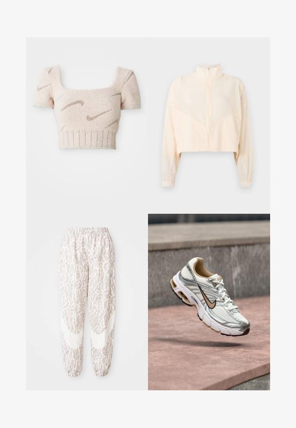 Hellbeige Reißverschlussjacke mit hohem Kragen, langen Ärmeln und elastischen Bündchen, präsentiert vor einem schlichten hellen Hintergrund.; Kurzes, ärmelloses Oberteil aus weichem, strukturiertem Stoff. Hellrosa Farbe mit braunen, wellenförmigen Mustern. Quadrat-Ausschnitt und gerippter Saum.; Leichte, gemusterte Jogginghosen in Blassrosa mit einem abstrakten Design. Verfügt über einen elastischen Bund und Bündchen für eine bequeme Passform.; Weißer und silberner Nike Laufschuh mit beigem Swoosh-Logo, gezeigt schwebend über einer Steinoberfläche mit verschwommenem grauem Wandhintergrund.