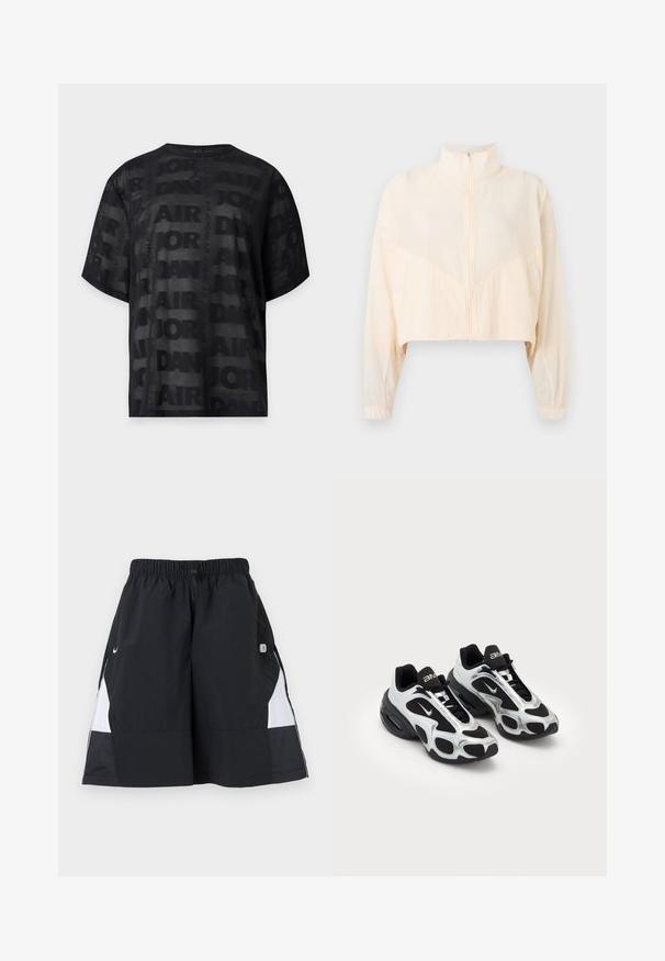 Veste zippée beige clair avec col montant, manches longues et poignets élastiques, présentée sur un fond clair uni.; T-shirt noir à manches courtes en mesh avec motif répétitif du texte « Air Jordan » et petit logo Jordan Jumpman au centre de l'encolure avant.; Shorts de sport noirs et blancs avec taille élastique et cordon de serrage, ornés du logo swoosh de Nike et d'un petit patch sur le côté droit.; Chaussures de sport noires et argentées avec une tige en mesh et synthétique, présentant un design ondulé distinctif et un col rembourré, avec un amorti d'air dans la semelle.