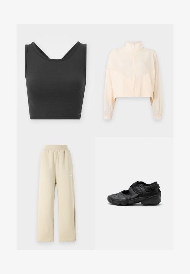 Veste zippée beige clair avec col montant, manches longues et poignets élastiques, présentée sur un fond clair uni.; Haut court noir en tissu texturé, avec de larges bretelles et un design de dos en V. Présente une esthétique minimaliste et un détail de logo discret.; Pantalons de survêtement beige à jambes larges en tissu doux, dotés d'une taille élastique, de poches latérales et d'un petit logo brodé.; Sandale de sport noire avec bout fermé, brides Velcro au médio-pied et au talon, et semelle épaisse et rembourrée marquée "AIR" sur le côté.