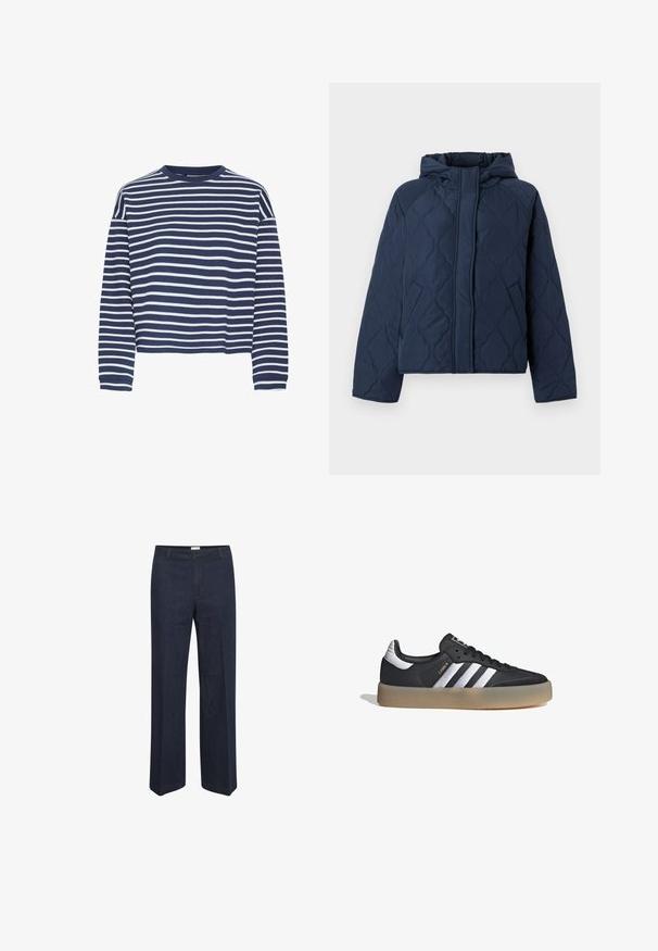 Chaqueta acolchada azul marino con capucha, cierre de cremallera y bolsillos laterales. La tela tiene una textura suave y un patrón de rombos.; Top de manga larga azul marino con rayas horizontales blancas, cuello redondo y dobladillo corto. El tejido parece suave con un acabado texturizado.; Jeans de pierna ancha en azul oscuro, con una cinturilla clásica y bolsillos frontales, diseñados para un ajuste cómodo y un estilo versátil.; Zapatilla deportiva de cuero negro con tres rayas plateadas, punta texturizada y suela de goma. Cuenta con un collar acolchado y un diseño con cordones.