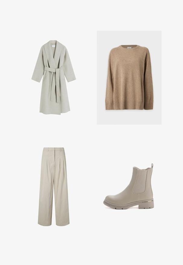 Lys grå, lang uldfrakke med sjalskrave, brede ærmer og et matchende bælte i samme stof. Har et minimalistisk design uden synlige mønstre.; Beige langærmet striktrøje med ribstrikkede manchetter, kant og rund hals, vist fladt på en hvid baggrund.; Beige bukser med høj talje og vide ben med plisseringer og bæltestropper, foran lynlås og en ren kant mod en hvid baggrund.; Beige ankelstøvle med en glat læderfinish og elastiske sidelapper. Har en kraftig sål og et guldaccent på hælen.