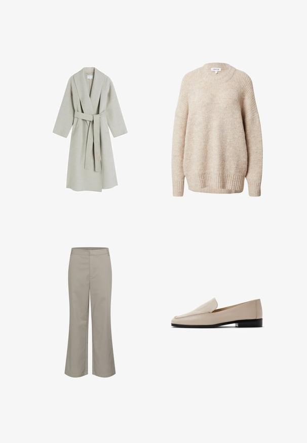 Manteau long en laine gris clair avec un col châle, des manches larges et une ceinture en tissu assorti. Il présente un design minimaliste et sans motifs visibles.; Pull en tricot beige avec un col rond, des épaules tombantes et des poignets et un ourlet côtelés. Il offre une coupe légèrement ample et texturée.; Pantalon beige droit cropped, fabriqué dans un tissu lisse. Comporte une poche avant et une finition de taille nette.; Mocassins en cuir beige à texture lisse, bout arrondi et coutures minimalistes. Dotés d'un petit talon noir et d'un design à enfiler.