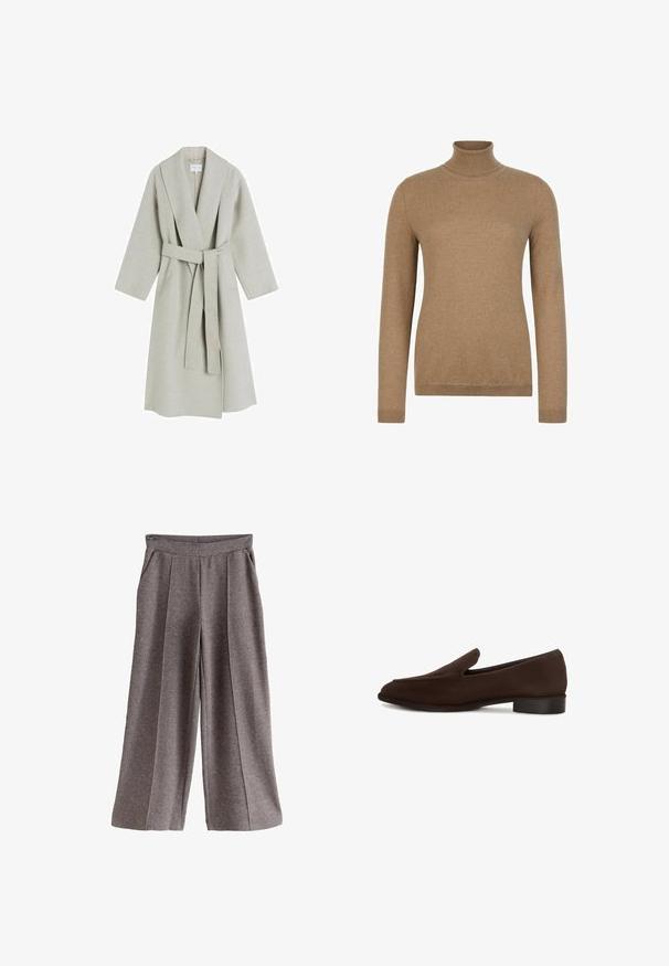 Lys grå, lang uldfrakke med sjalskrave, brede ærmer og et matchende bælte i samme stof. Har et minimalistisk design uden synlige mønstre.; Langærmet kamelbrun rullekravesweater med ribstrikkede manchetter og kant, vist på en ensfarvet hvid baggrund.; Grå vidde bukser med blødt stof, der har en flad linning, frontlokker og sidelommer. Enkel og alsidig design.; Herres mørkebrune ruskind slip-on loafer med lav hæl og afrundet firkantet tå, vist i sideprofil på hvid baggrund.