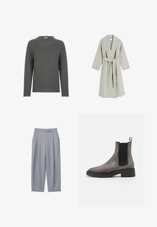 Lys grå, lang uldfrakke med sjalskrave, brede ærmer og et matchende bælte i samme stof. Har et minimalistisk design uden synlige mønstre.; Grå strikket sweater med rund hals, lange ærmer og ribbet tekstur. Har en afslappet pasform og et casual design, der er velegnet til lag-på-lag.; Grå bukser med skræddersyet design, der har plisseringer, sidelommer og med lige ben. Glat tekstur og midtalje med normal højde.; Grå læder chelsea støvle med tekstureret finish, elastiske sidedele, hængestrop og sort gummisål. Slank, taperet design med minimale accenter.