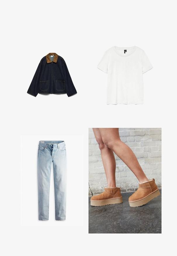 Mørkeblå denimjakke med brun ruskindskrave, knaplukning foran, vide ærmer og to store forlommer.; Hvid kortærmet t-shirt med rund halsudskæring, lavet af letvægtsstof. Enkel design, glat tekstur og lige kant.; Lyseblå denimjeans med lige ben, fem lommer og metal-knapper i en standard livvidde.; Brune ruskinds ankelsko med en blød foring, tyk beige plattformsål og en bageste løkke. Tekstureret overflade med synlige sømdetaljer.
