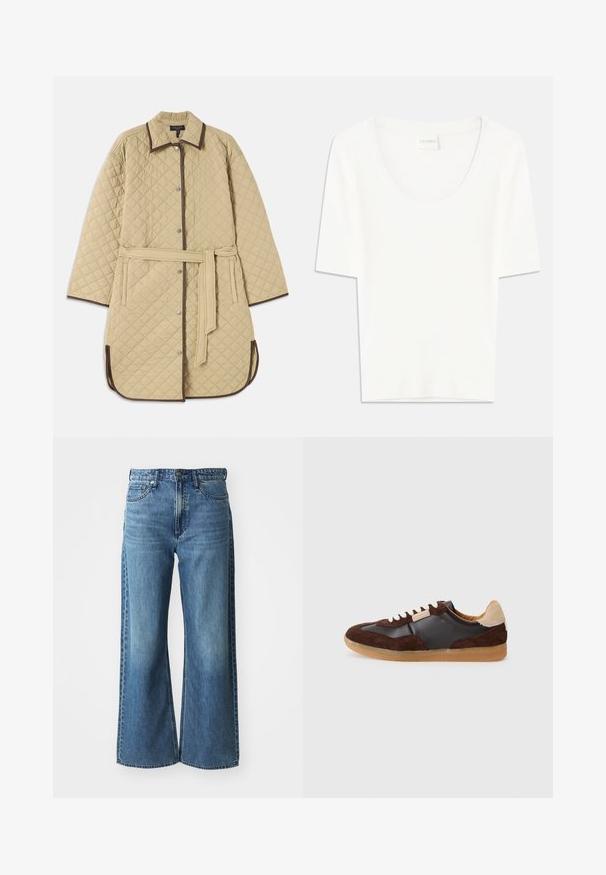 Manteau en beige matelassé avec un col, présentant des bordures marron, des boutons-pression, des poches latérales et une ceinture assortie. Motif en losanges texturé sur toute la surface.; T-shirt blanc à manches courtes avec un col rond. Fabriqué en coton doux, il présente une coupe décontractée et un design minimaliste.; Jean en denim bleu à jambes larges avec une taille mi-haute, cinq poches et un léger dégradé. Caractéristiques : passants de ceinture et détails cousus.; Baskets composées d'un mélange de suède marron foncé et de cuir noir lisse, avec des lacets crème et une semelle en caoutchouc beige. Accent beige clair au niveau du talon.