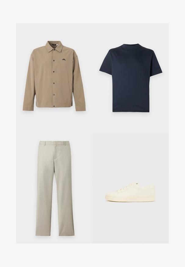 Veste beige boutonnée avec manches longues, col, poches latérales et petit logo géométrique noir sur la poitrine gauche.; T-shirt bleu marine à manches courtes avec col rond, design simple avec un petit logo discret sur le côté gauche de la poitrine, présenté sur fond blanc.; Pantalon droit couleur beige clair avec passants pour ceinture, fermeture éclair frontale et texture subtile sur fond blanc.; Baskets couleur crème avec une tige en cuir lisse, bout arrondi, laçage à l'avant et semelle en caoutchouc texturée. Design minimaliste, sans logo.