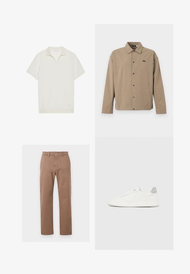 Veste beige boutonnée avec manches longues, col, poches latérales et petit logo géométrique noir sur la poitrine gauche.; Polo blanc à manches courtes avec un col en V et un tissu texturé. Design simple avec un col et des accents de manches contrastants.; Pantalon kaki droit pour homme avec passants de ceinture, bouton devant et braguette zippée sur fond clair uni.; Baskets basses blanches avec un onglet de talon gris, des lacets blancs et une semelle texturée, présentées sur un fond uni clair.