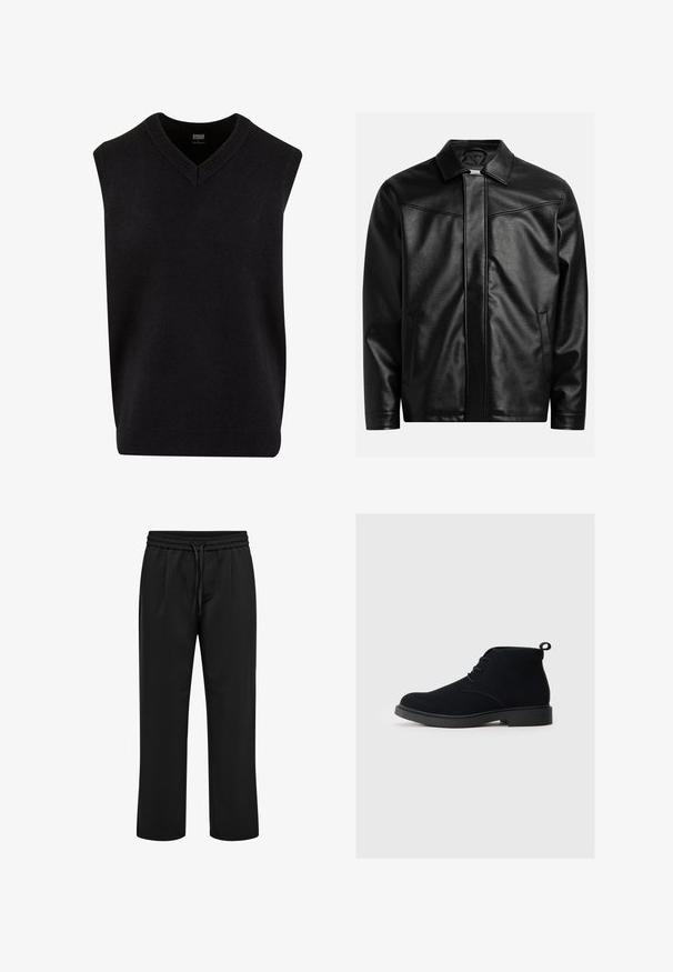 Schwarze Lederjacke mit spitzem Kragen, Frontreißverschluss und zwei seitlichen Taschen. Glatte Textur und minimalistisches Design ohne sichtbares Branding.; Schwarzer ärmelloser Pullover mit V-Ausschnitt, aus weichem Material gefertigt, mit geripptem Ausschnitt und unterem Saum. Einfaches, klassisches Design.; Schwarze Freizeithose mit elastischem Bund und Kordelzug, gerade geschnittene Beine und vordere Abnäher.; Schwarze Wildleder-Ankle-Boots mit abgerundeter Zehenpartie, Schnürung an der Vorderseite und einer kleinen Schlaufe an der Rückseite. Fester schwarzer Gummisohle.
