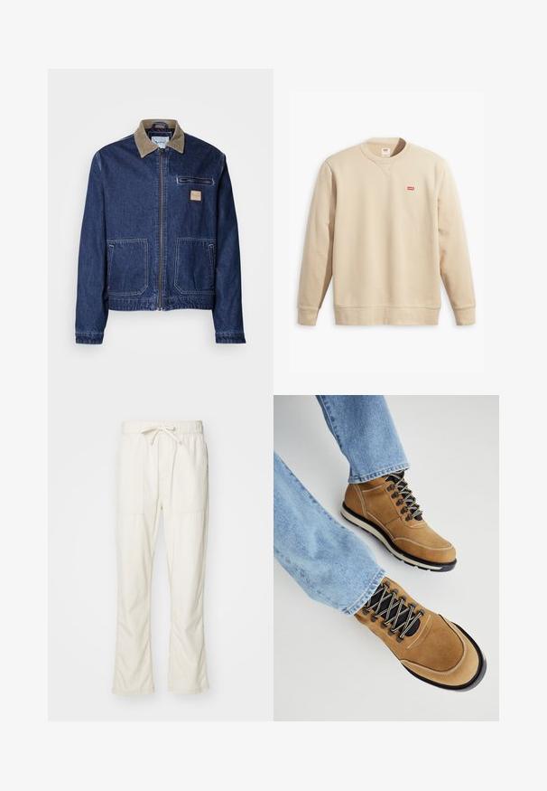 Tummansininen farkkutakki, jossa on corduroy-kaulus, etuvetoketju, kaksi suurta taskua ja rintatasku. Sisältää logopatchin rinnassa.; Beige huppari, jossa on pyöreä kaula-aukko, pitkät hihat ja ribbireunat. Etupuolella pieni punainen Levi's-logo. Pehmeä pinta.; Vaaleanbeige puuvillahousut, joissa on joustava vyötärö, narusolki ja kaksi sivutaskua. Kankaan pinta on pehmeä ja lahkeet ovat suoramuotoiset.; Ruske suhke vaelluskengät mustilla nauhoilla, kumipohjilla ja valkoisilla yksityiskohdilla. Yhdistetty vaaleansinisiin farkkuihin. Lähikuva kengistä.
