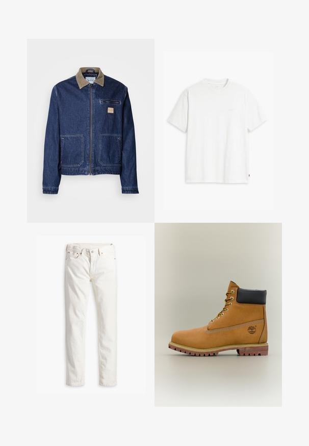 Dunkelblaue Jeansjacke mit einem Cordkragen, vorderem Reißverschluss, zwei großen Taschen und einer Brusttasche. Mit einem Logo-Patch auf der Brust.; Weißes Baumwoll-T-Shirt mit kurzen Ärmeln, rundem Ausschnitt und einem dezenten "Levi's"-Logo in heller Farbe auf der Vorderseite.; Weiße Jeans im geraden Schnitt, fünf Taschen, Kupferknopf und Nieten sowie einem dezent strukturierten Stoff. Keine sichtbaren Muster.; Brauner Leder-Stiefelette mit schwarzem Kragen, gelben Schnürsenkeln und hellbrauner Sohle. Verfügt über ein Logo und weiße Ziernähe. Robuste Profilsohle.