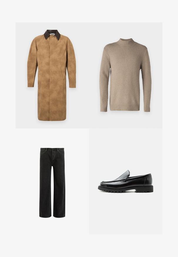 Beige Wildledermantel mit einem braunen Lederkragen, langen Ärmeln, Seiten Taschen und einem geraden Schnitt. Glatte Textur mit minimalen Details.; Beiger Strickpullover mit strukturiertem Obermaterial, geripptem Kragen und Bündchen. Hat lange Ärmel und einen geraden Saum für ein klassisches Design.; Schwarze, weit geschnittene Jeans aus Denim mit hoher Taille, im klassischen Fünf-Taschen-Design und subtilem Verblassen für eine strukturierte Optik.; Schwarzer Lederloafer mit grober Gummisohle, genähter Oberseite und geprägtem Markennamen an der Ferse, seitlich auf weißem Hintergrund gezeigt.