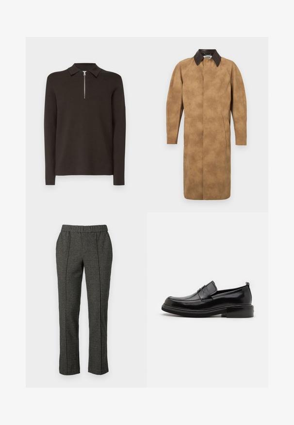 Tan suède jas met een bruine leren kraag, lange mouwen, zijzakken en een recht gesneden ontwerp. Glad textuur met minimale details.; Donkerbruin poloshirt met lange mouwen, een kraag en een korte zilveren ritssluiting. Gemaakt van een gladde, zachte stof. Geen patronen of accenten.; Grijze op maat gemaakte broek van een textuurstof, met een elastische tailleband, rechte pijpen en voornaaddetails.; Calvin Klein MOCCASIN - Zakelijke loafers - black