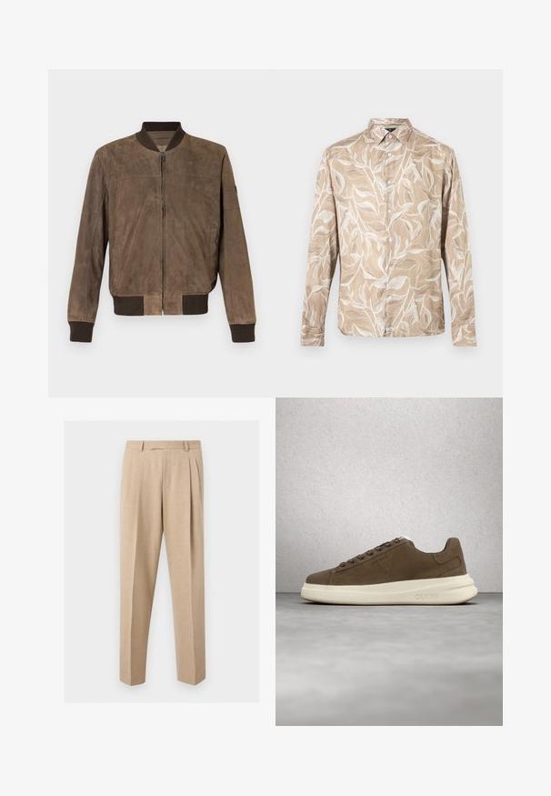 Brun suede bomberjakke med ribbet krave, manchetter og talje, frontlynlås og sidelommer.; Beige langærmet skjorte med knapper foran, hvidt bladformet vinmønster og spids krave.; Beige skræddersyede bukser med frontplisser, bæltestropper og lige ben, vist mod en ensartet lys baggrund.; Brune ruskinds sneakers med en cremet gummisål, flade snørebånd og et logo på siden. Letvægtsdesign og glat tekstur.