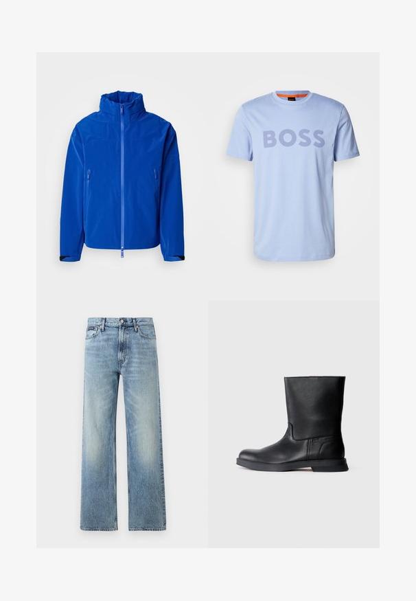 Veste imperméable bleu vif avec un col haut, une fermeture éclair sur toute la longueur, deux poches latérales zippées et des poignets réglables. Texture lisse.; T-shirt en coton bleu clair avec un col rond et des manches courtes, affichant le mot "BOSS" en grandes lettres violettes sombres.; Jean droit en denim bleu clair avec taille haute, cinq poches, fermeture à boutons et léger délavage sur les cuisses et les genoux.; Bottine noire en cuir avec finition texturée, bout rond et semelle en caoutchouc basse. Design simple sans quincaillerie visible ni embellissements.