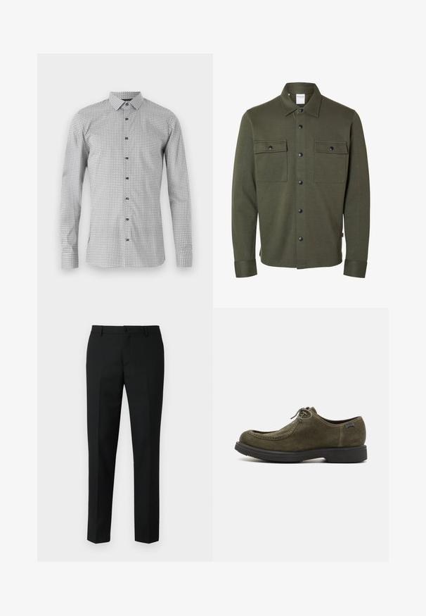 Olivgrüne langärmlige Hemdjacke mit schwarzen Druckknöpfen und zwei Brusttaschen mit geknöpften Klappen.; Langarmshirt in Weiß und Schwarz mit geometrischem Muster, durchgehende Knopfleiste und klassischem Kragen. Leichter Stoff mit glatter Textur.; Schwarze, maßgeschneiderte Hose aus einem glatten Stoff, mit einem sauberen Bund, seitlichen Taschen und schmalen, geraden Beinen.; Dunkelgrüne Wildlederschuhe mit glatter Oberfläche, runder Zehenform, genähten Akzenten und einer schwarzen Gummisohle.
