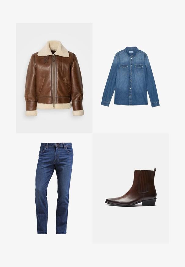 Veste aviateur en cuir marron avec un col et des poignets en shearling crème. Elle est dotée d'une fermeture éclair à l'avant, de poches latérales et d'épaules structurées.; Chemise en denim bleu foncé à manches longues, col classique, fermeture à boutons, deux poches poitrine et surpiqûres contrastantes sur les coutures.; Jean en denim bleu foncé avec une coupe droite, comportant cinq poches, une fermeture à bouton et des effets d'usure subtils sur les cuisses.; Bottine en cuir marron avec un bout pointu, des panneaux latéraux élastiques, des détails texturés sur le devant et un petit talon empilé.