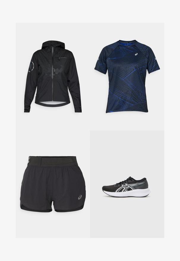 Zwarte waterdichte jas met capuchon, ritssluiting aan de voorkant en reflecterende accenten. Beschikt over een matte afwerking en een subtiel camouflagepatroon. Verstelbare manchetten.; Korte mouw sportshirt in zwart met een blauw geometrisch patroon. Gemaakt van ademend materiaal, met een ronde hals en platte naden.; Zwarte hardloopshorts met een gaasband, met een zachte textuur, een korte lengte en een klein logo aan de onderzijde rechts.; Zwarte sportieve schoenen met een gestructureerde mesh bovenkant, witte accenten en een gewatteerde witte zool. Heeft een logo aan de zijkant en veters.