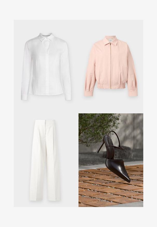 Veste bomber rose clair avec fermeture éclair à l’avant, col, taille élastique, manches longues et poches latérales.; Chemisier blanc ajusté à manches longues, col pointu, boutonné devant avec des coutures cintrées, présenté sur un fond uni.; Pantalons larges blancs à taille haute, dotés de plis à l'avant et d'une texture lisse, fabriqués en tissu léger.; Mule noire brillante à talons hauts avec bout pointu et bride à la cheville, suspendue au-dessus d'une surface carrelée en terre cuite avec des interstices remplis de gravier.