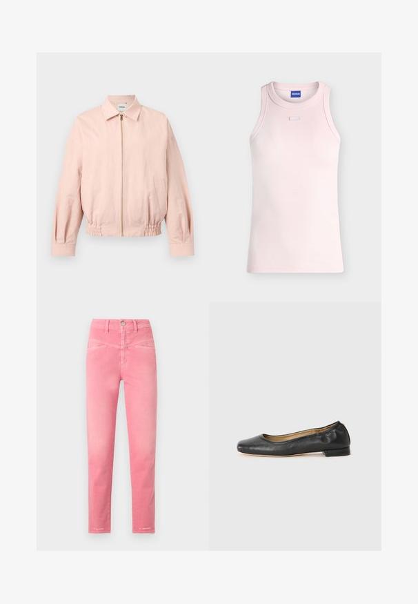 Veste bomber rose clair avec fermeture éclair à l’avant, col, taille élastique, manches longues et poches latérales.; Débardeur côtelé rose clair sans manches avec un col rond et un petit détail rectangulaire en tissu sous le col, étiquette HUGO à l'intérieur du col.; Jean slim taille haute en rose vif avec poches avant, passants pour ceinture et fermeture par bouton métallique.; Ballerines en cuir noir avec un bout arrondi et des coutures minimales. Talon bas et rectangulaire avec une texture lisse. Détails subtils de doublure intérieure.