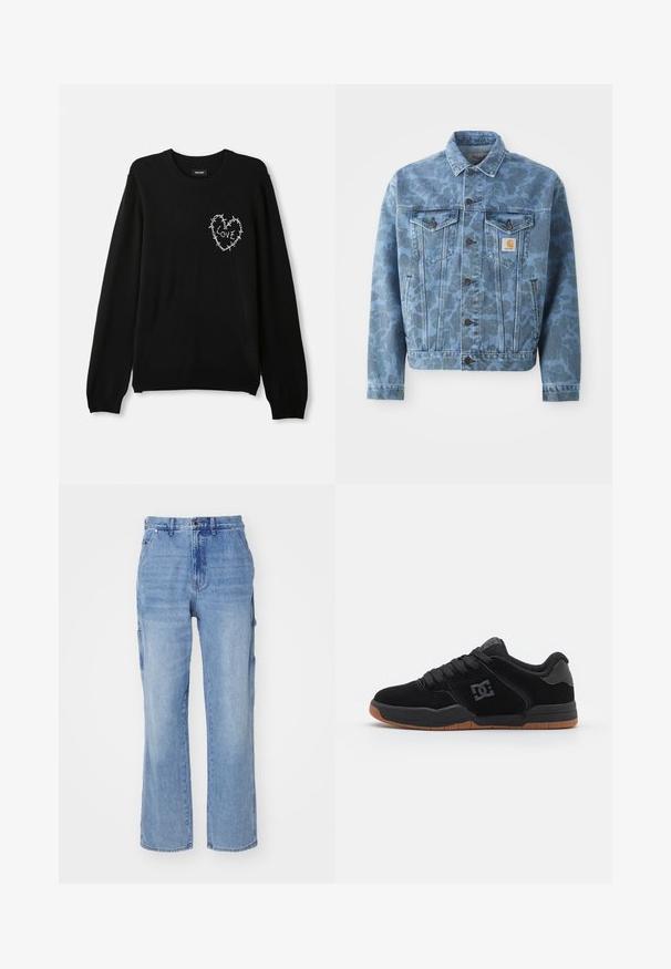 Veste en denim arborant un motif camouflage bleu, deux poches poitrine, des boutons en métal et un patch logo Carhartt sur la poche gauche.; Pull noir avec un col rond, des manches longues, et un motif de cœur brodé blanc accentué de fil de fer barbelé et du mot "AMOUR".; Pantalons cargo en denim bleu clair avec une coupe droite, dotés de poches latérales et d'une fermeture à boutons. Texture douce et délavage.; Baskets en suede noir avec une semelle en caoutchouc, dotées d'un logo noir sur le côté et de lacets noirs. Bout rond et design basse.