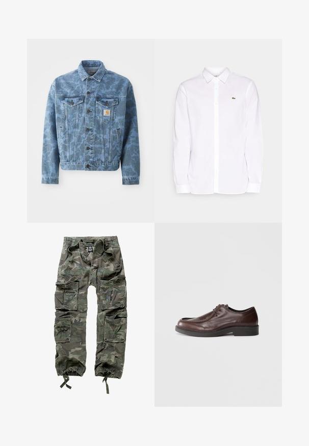 Chaqueta de denim con un patrón de camuflaje azul, dos bolsillos en el pecho, botones de metal y un parche con el logo de Carhartt en el bolsillo izquierdo.; Camisa blanca de manga larga hecha de algodón, que presenta un collar tipo button-down, un logo bordado verde en el lado izquierdo del pecho y puños rectos.; Pantalones cargo de camuflaje, confeccionados en algodón, con múltiples bolsillos, puños elásticos y un corte holgado con cintura ajustable mediante cordón.; Zapato de vestir de cuero marrón con punta redonda, acentos de costura mínimos y una suela negra resistente. Presenta un cierre con cordones y una textura suave.