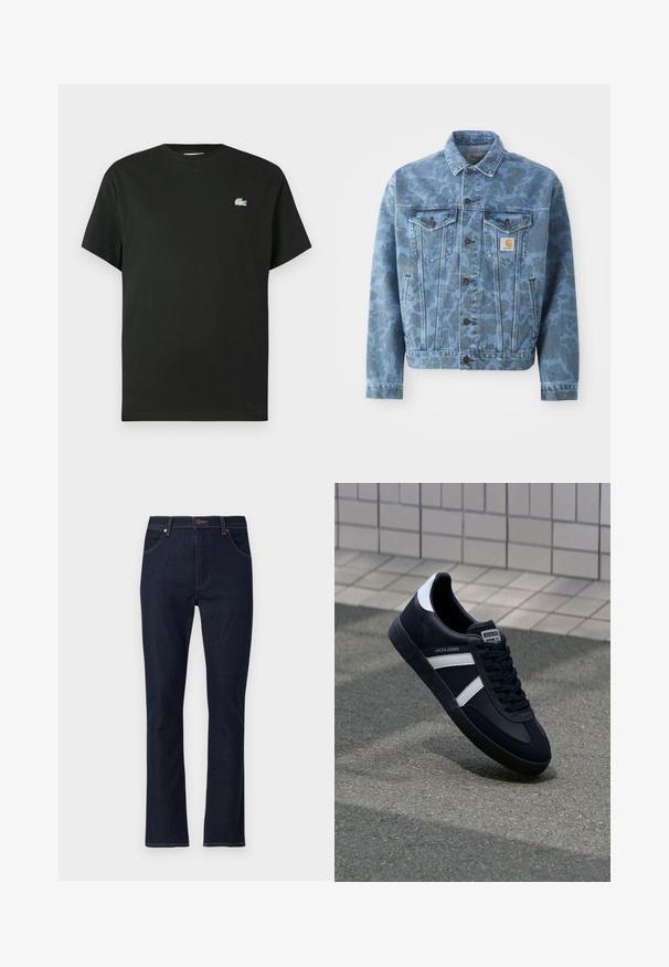 Chaqueta de denim con un patrón de camuflaje azul, dos bolsillos en el pecho, botones de metal y un parche con el logo de Carhartt en el bolsillo izquierdo.; Camiseta de algodón negra con cuello redondo, mangas cortas y un logo bordado verde en el lado izquierdo del pecho. Textura suave, corte holgado.; Vaqueros azul oscuro de corte recto, con bolsillos delanteros, trabillas para cinturón y cierre de botón.; Zapatilla de cuero negra con rayas blancas, suela de goma texturizada y parte frontal con cordones. Cuenta con una etiqueta de marca en la lengüeta.