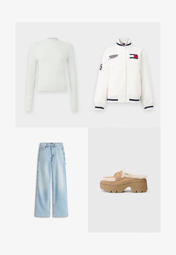 Hvid jakke med knaplukning, ribstrikkede manchetter og krave med navystriber, Tommy Jeans logo-tryk og nummer 85 broderet på ærmet.; Lys grøn, ribbet bluse med lange ærmer, høj hals og et lille broderet logo på brystet. Casual pasform og tekstureret stof.; Lyseblå vidde jeans med forlommer, bæltestropper og knaplukning i taljen.; Tan platform træklodser med blødt beige pelskant, solid gummisål og dekorativ rem med en metallisk detalje. Teksturerede sider.