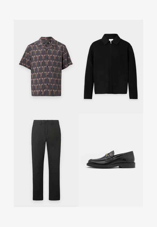 Veste noire zippée avec col et manches longues, comprenant deux poches avant, présentée sur un fond clair uni.; Chemise à manches courtes à boutons avec un motif géométrique ovale marron et noir et un col camp.; Pantalon noir avec une coupe droite, en tissu lisse, doté d'une fermeture à bouton sur le devant et de deux poches latérales.; Mocassins en cuir noir avec un embout rond, présentant des accents en métal doré et des détails de couture, montés sur une semelle en caoutchouc texturé et basse.