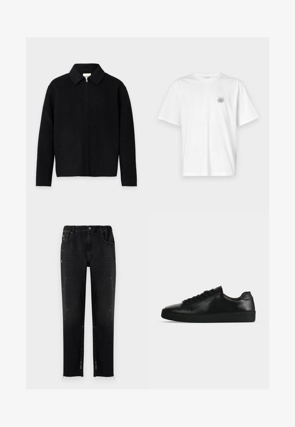 Schwarze Jacke mit Reißverschluss, Kragen und langen Ärmeln, mit zwei Vordertaschen, auf einem einfarbigen hellen Hintergrund dargestellt.; Weißes T-Shirt aus Baumwolle mit kurzen Ärmeln, Rundhalsausschnitt und kleinem grauen Logo auf der linken Brustseite. Glatte Textur.; Schwarze Jeans aus Denim mit elastischem Bund, geradem Schnitt, abgetragenen Details und fransigem Saum. Mit Taschen und Knopfverschluss.; Schwarzer niedriger Ledersneaker mit schwarzen Schnürsenkeln und dicker schwarzer Sohle, von der Seite auf hellgrauem Hintergrund gezeigt.
